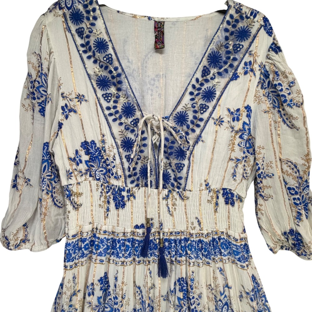 Anthropologie Me 2 Magic Tiered Dress Womens XL Blue Embroidered Tassel Tie Boho - Picture 5 of 15